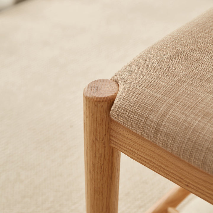 Scandinavian oak wood shoe changing bench fuji in panoramic view.