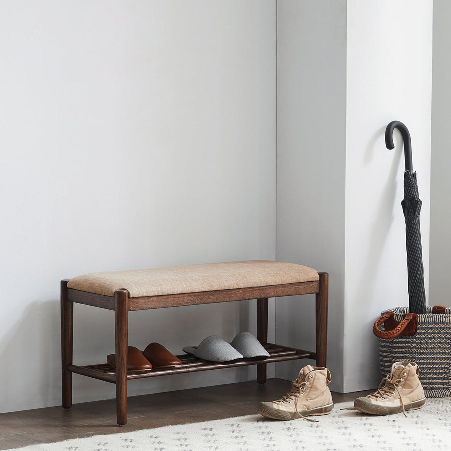 Scandinavian oak wood shoe changing bench fuji walnut material variants.