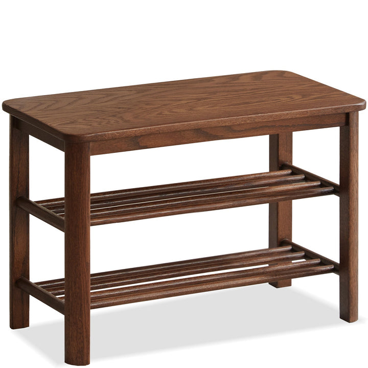 Scandinavian oak wood shoe shelf fuji walnut in panoramic view.