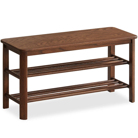 Scandinavian oak wood shoe shelf fuji walnut in white background.