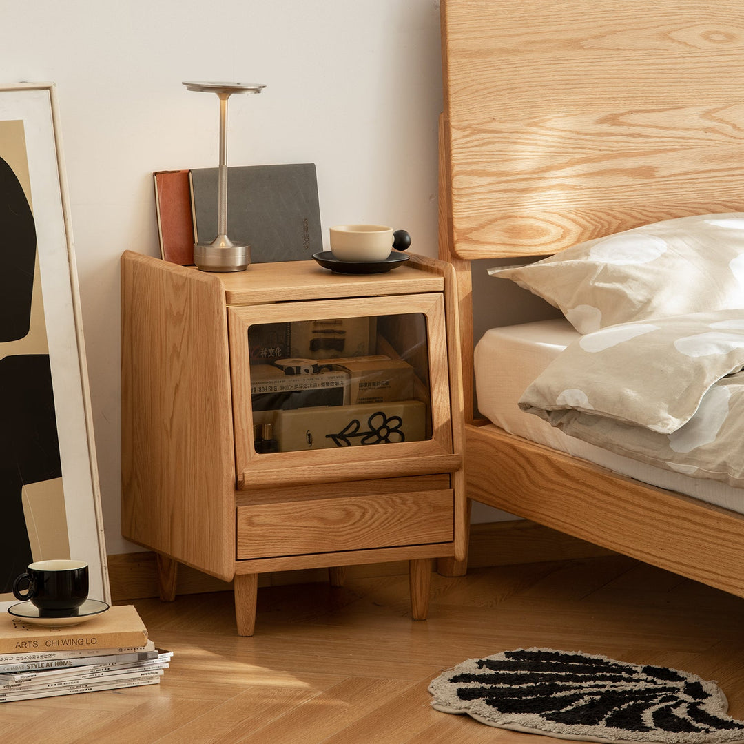 Scandinavian oak wood side table oxygen material variants.