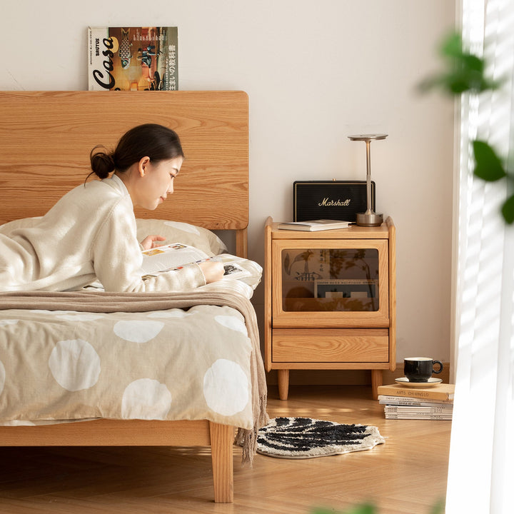 Scandinavian oak wood side table oxygen in real life style.