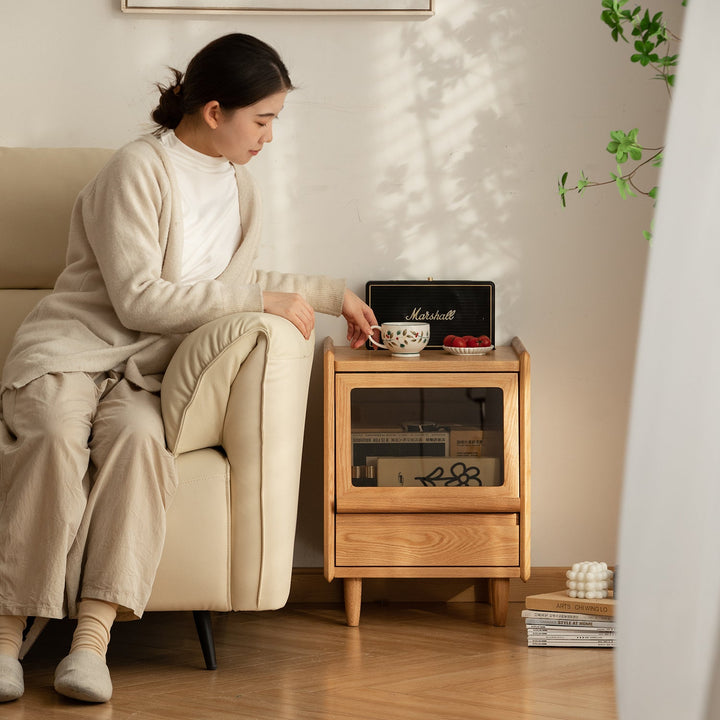 Scandinavian oak wood side table oxygen in details.