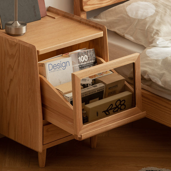 Scandinavian oak wood side table oxygen in panoramic view.