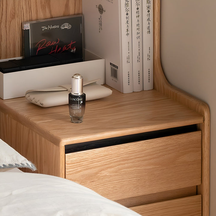 Scandinavian oak wood side table shelf luma in panoramic view.