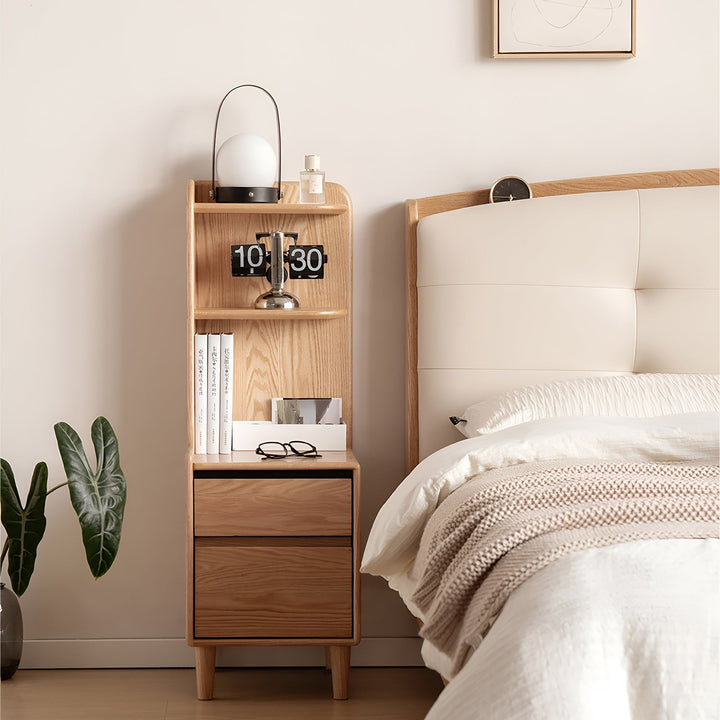 Scandinavian oak wood side table shelf luma in real life style.