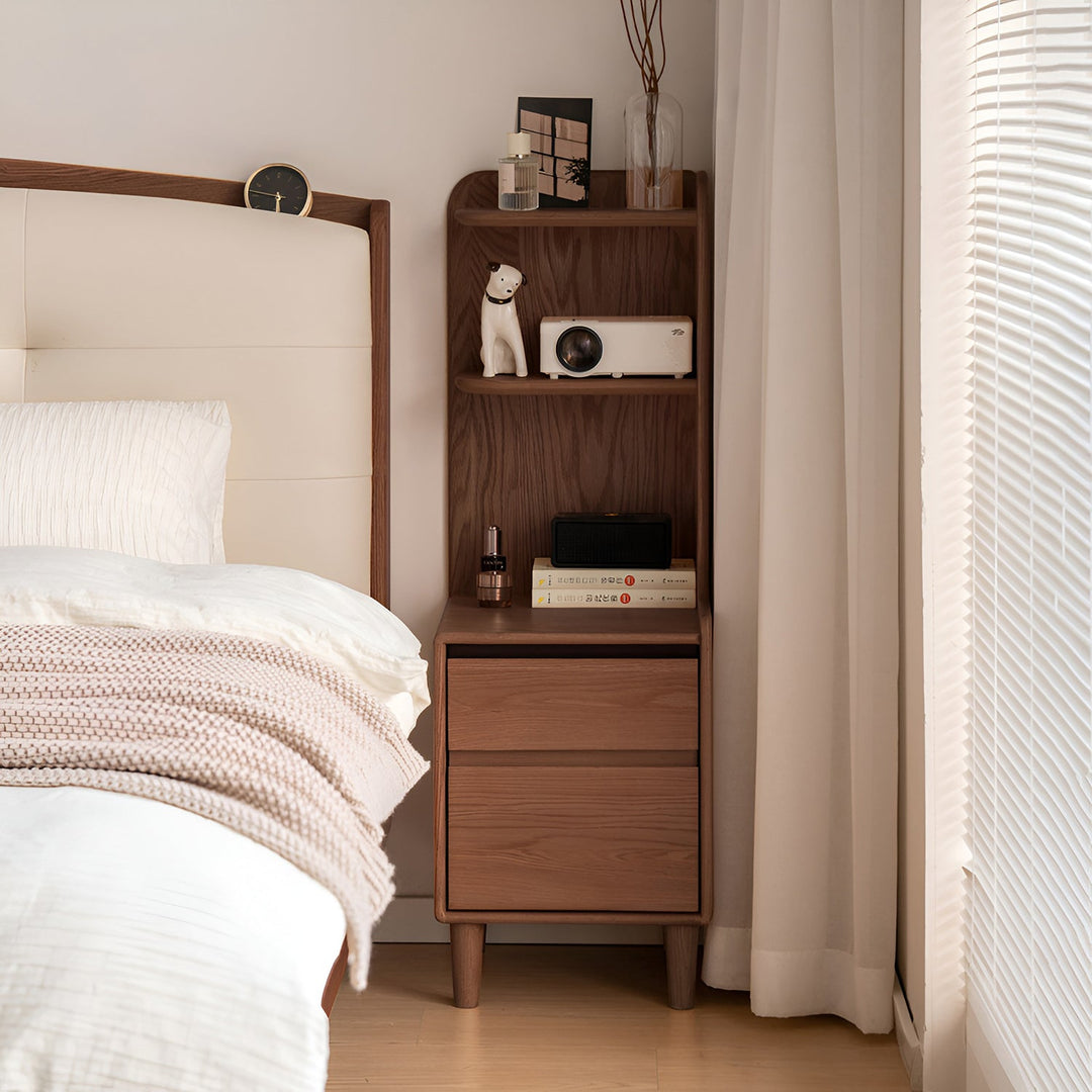 Scandinavian oak wood side table shelf luma with context.