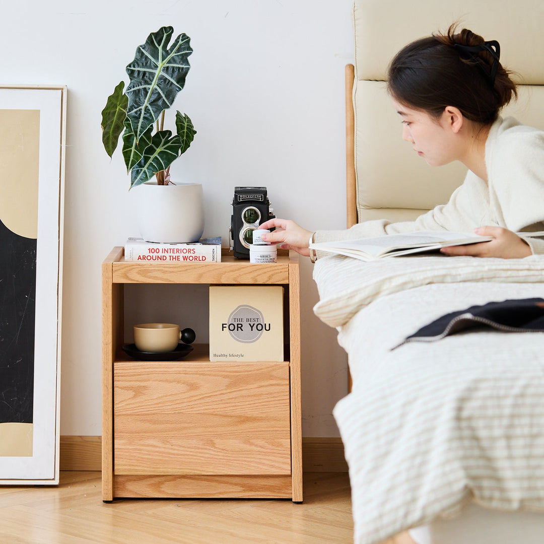 Scandinavian oak wood side table sugar in still life.