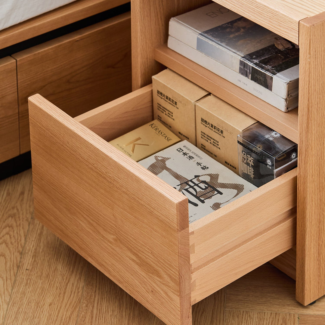 Scandinavian oak wood side table sugar in real life style.