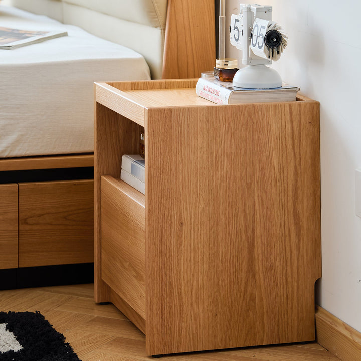 Scandinavian oak wood side table sugar in close up details.