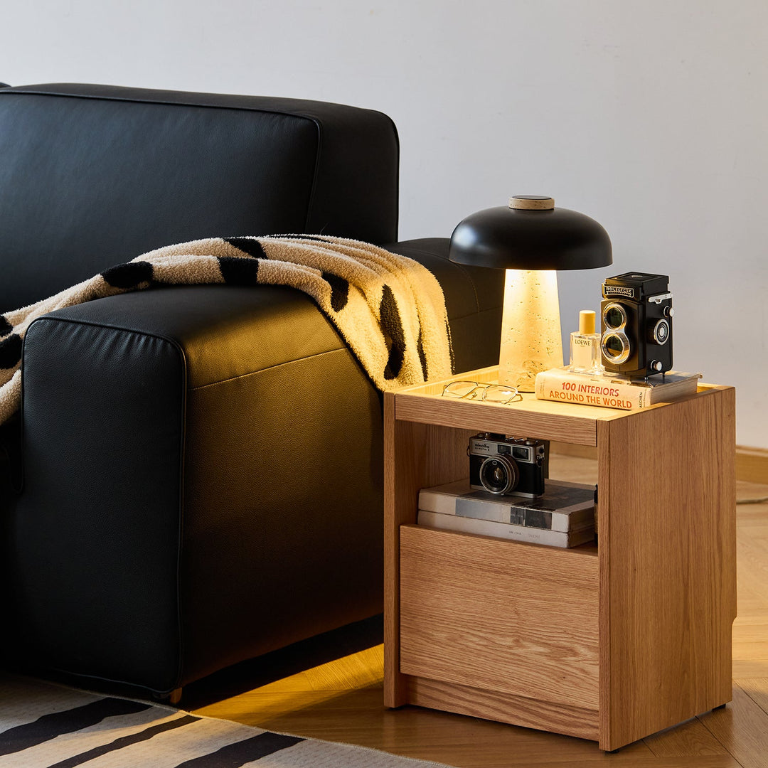 Scandinavian oak wood side table sugar in panoramic view.