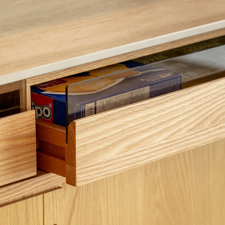Scandinavian oak wood sintered stone cabinet timeless in close up details.