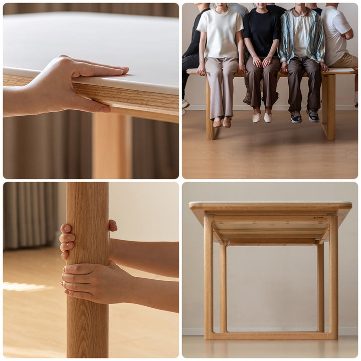 Scandinavian oak wood sintered stone dining table anchor in still life.