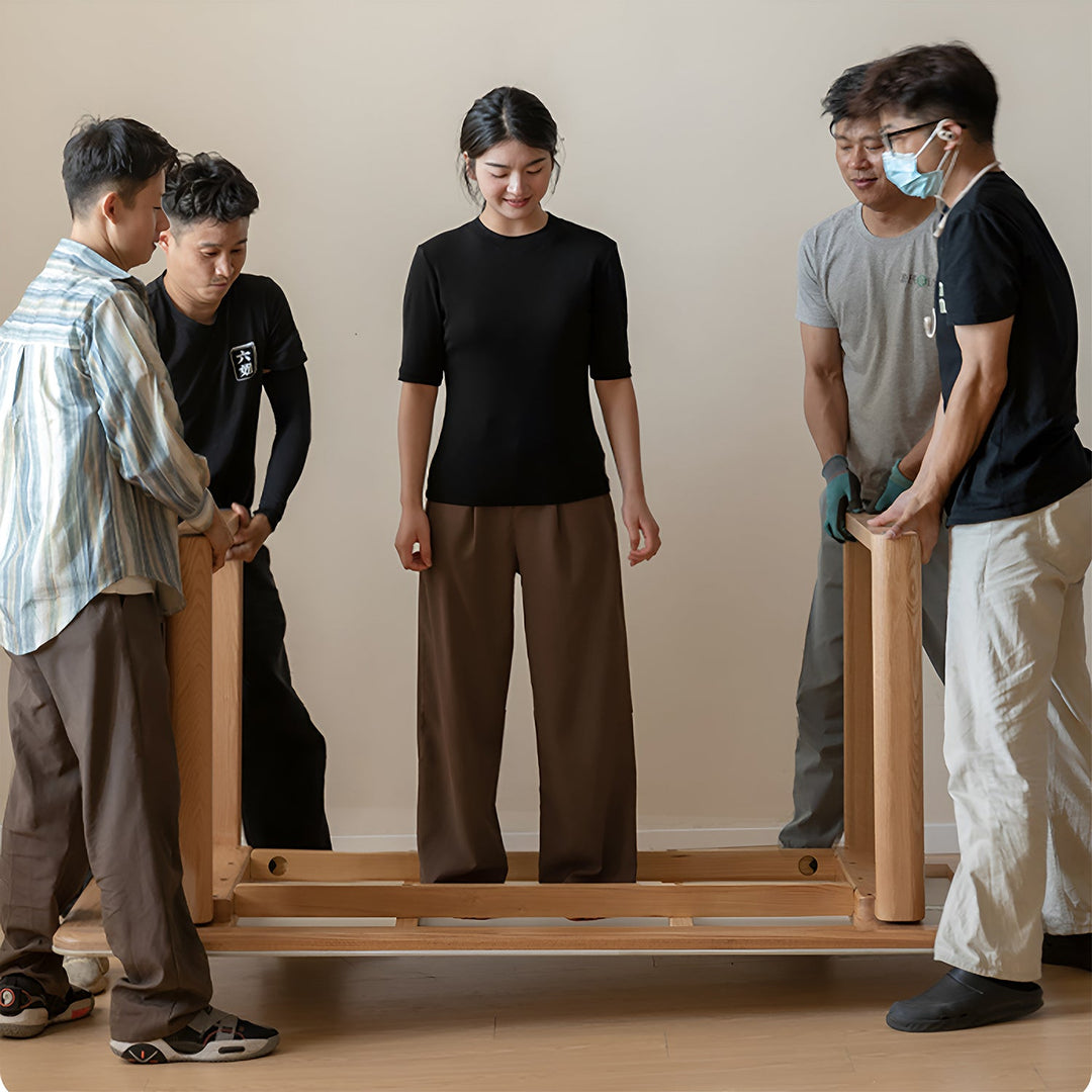 Scandinavian oak wood sintered stone dining table anchor in details.