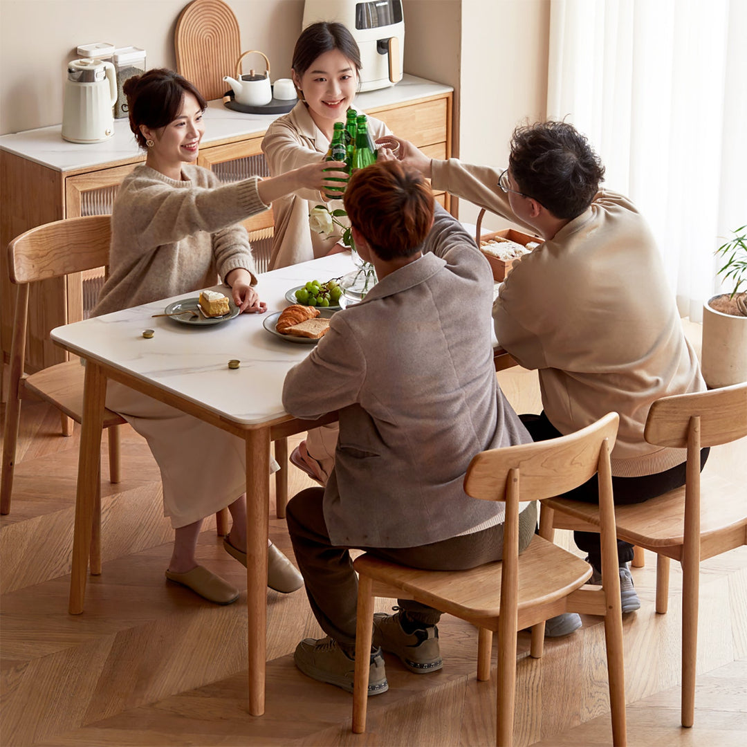 Scandinavian oak wood sintered stone dining table forme material variants.