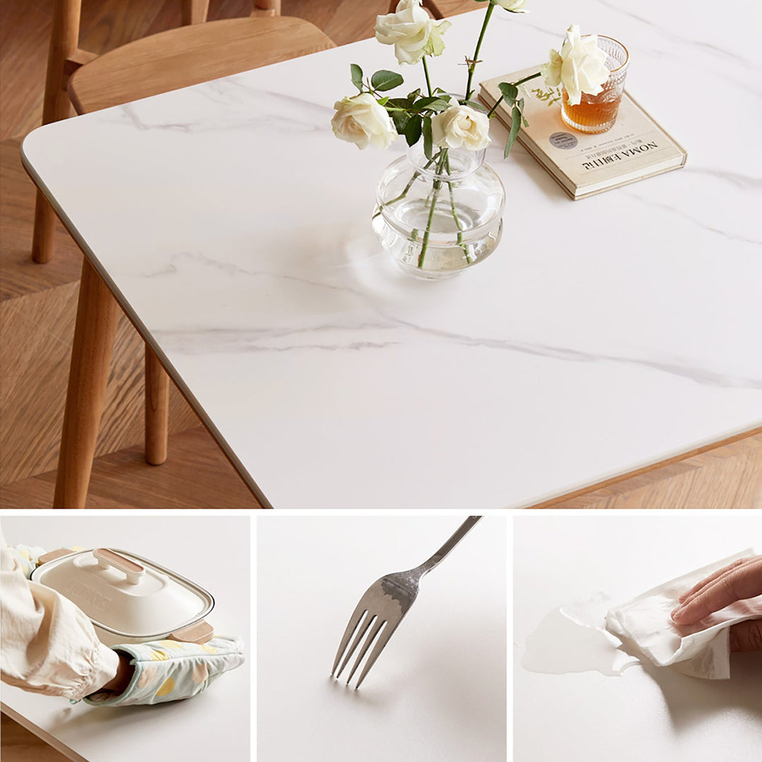 Scandinavian oak wood sintered stone dining table forme in real life style.