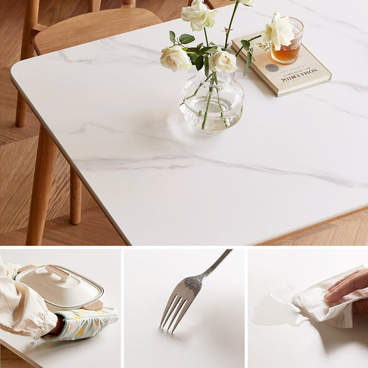 Scandinavian oak wood sintered stone dining table forme in real life style.