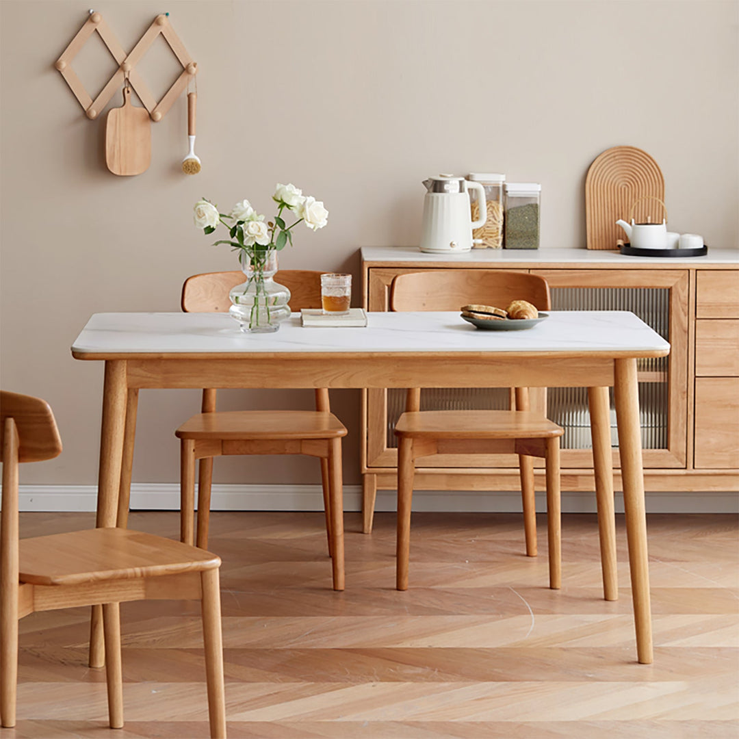 Scandinavian oak wood sintered stone dining table forme in details.