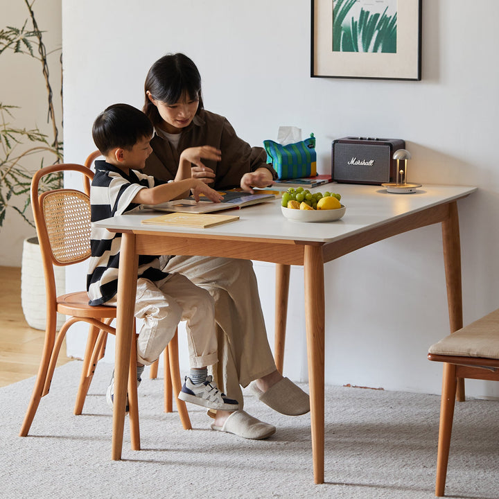 Scandinavian oak wood sintered stone dining table green material variants.