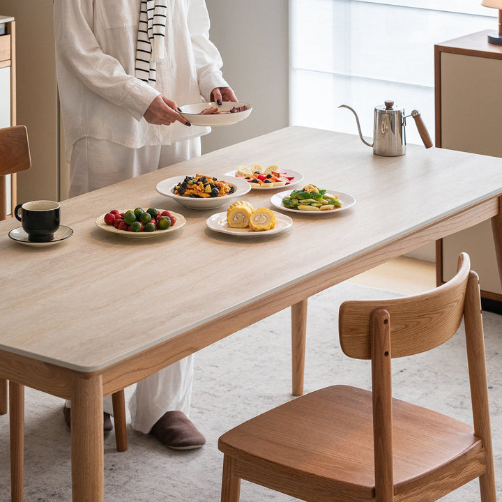 Scandinavian oak wood sintered stone dining table green in details.