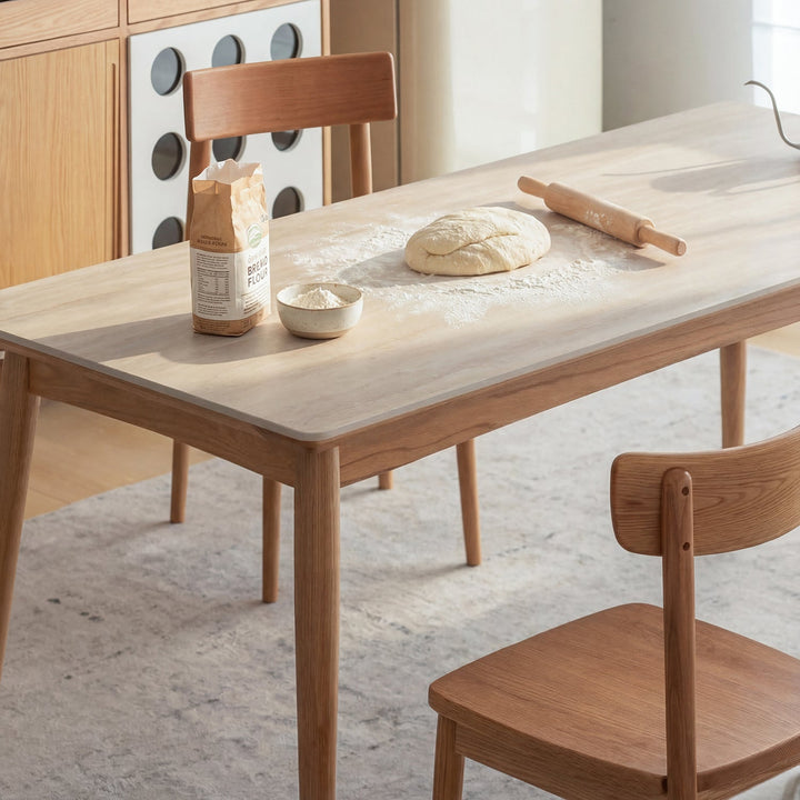 Scandinavian oak wood sintered stone dining table green in close up details.