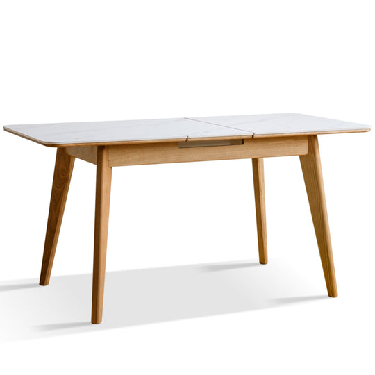 Scandinavian oak wood sintered stone extendable dining table shift in white background.