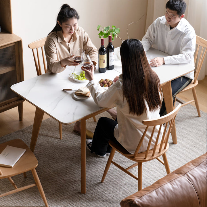 Scandinavian oak wood sintered stone extendable dining table shift color swatches.