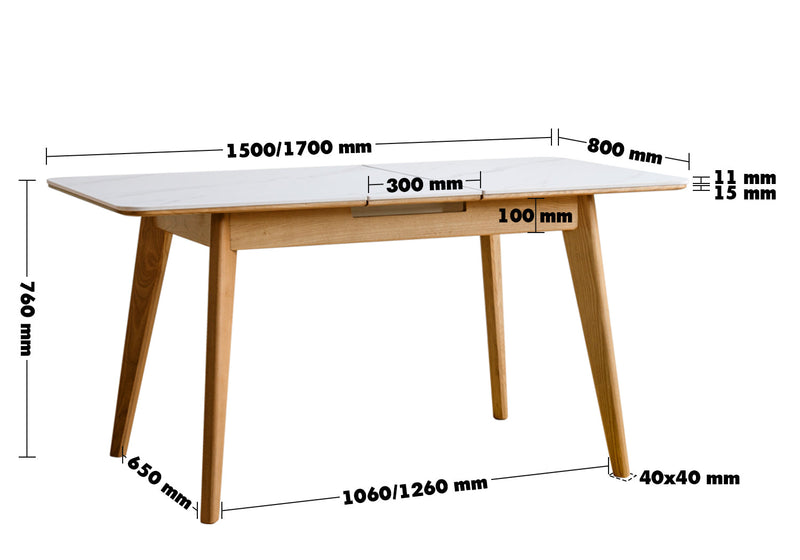 dimension detail diagram of Scandinavian Oak Wood Sintered Stone Extendable Dining Table SHIFT