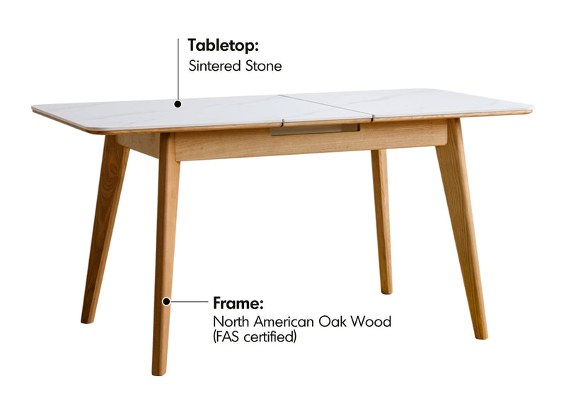 Scandinavian Oak Wood Sintered Stone Extendable Dining Table SHIFT Material Details Chart