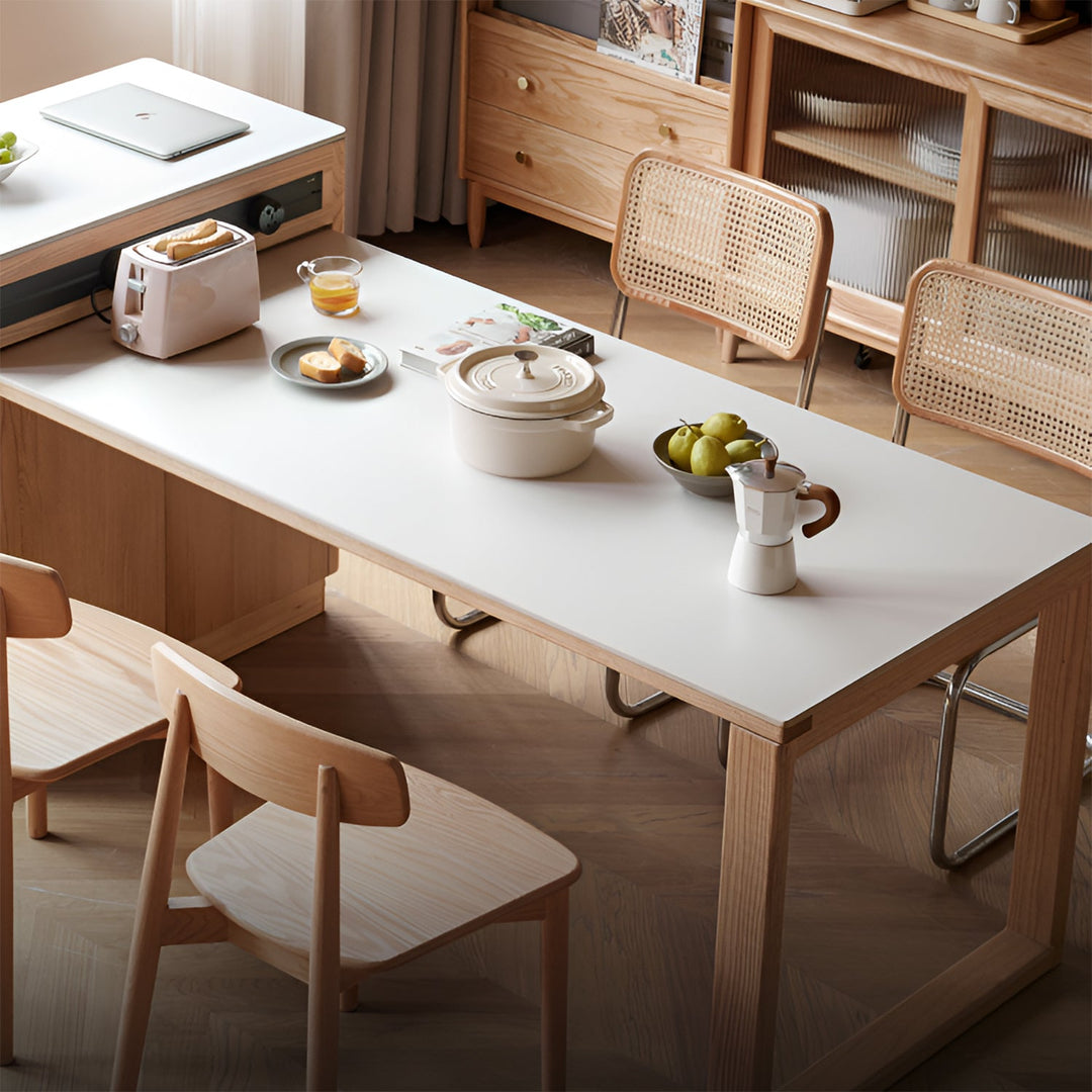 Scandinavian oak wood sintered stone extendable island dining table with cabinet flexa material variants.