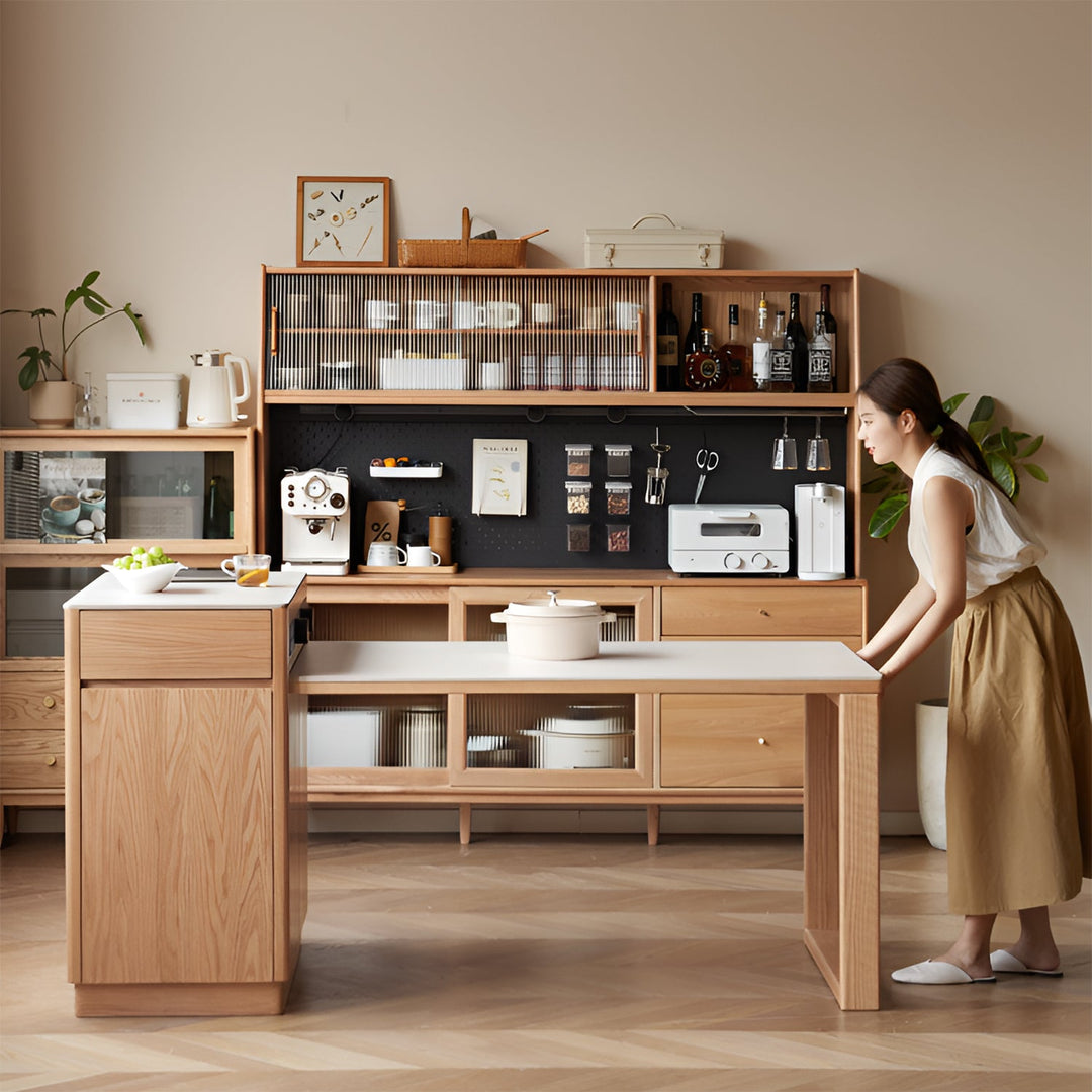 Scandinavian oak wood sintered stone extendable island dining table with cabinet flexa in close up details.