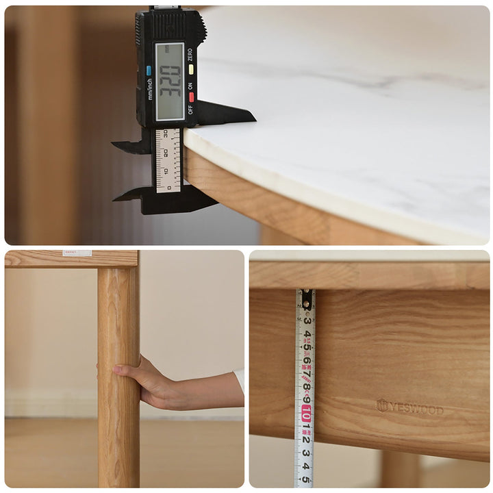 Scandinavian oak wood sintered stone extendable round dining table orbit in still life.