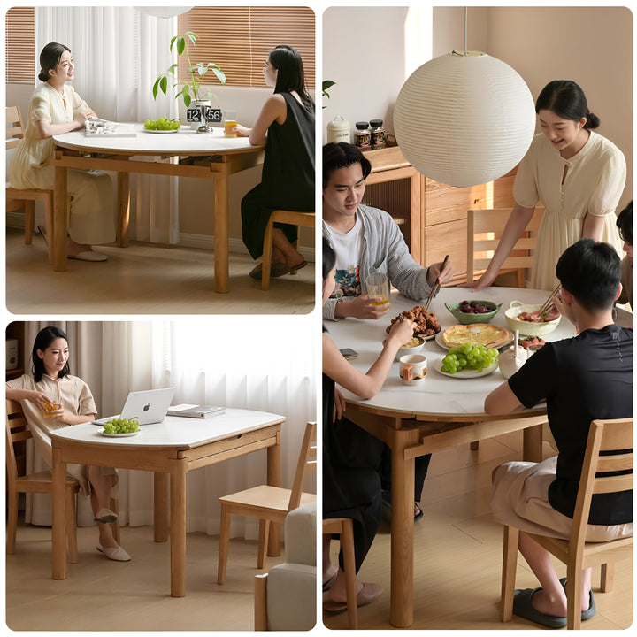 Scandinavian oak wood sintered stone extendable round dining table orbit in panoramic view.