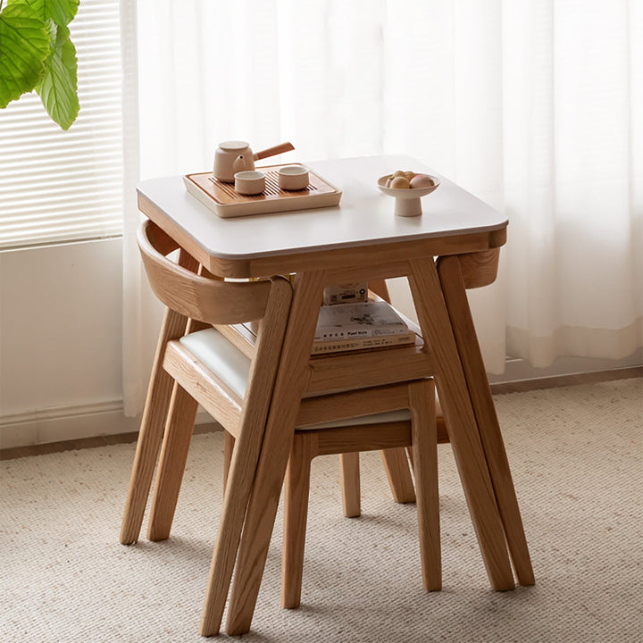 Scandinavian oak wood sintered stone stackable dining table set noki in details.