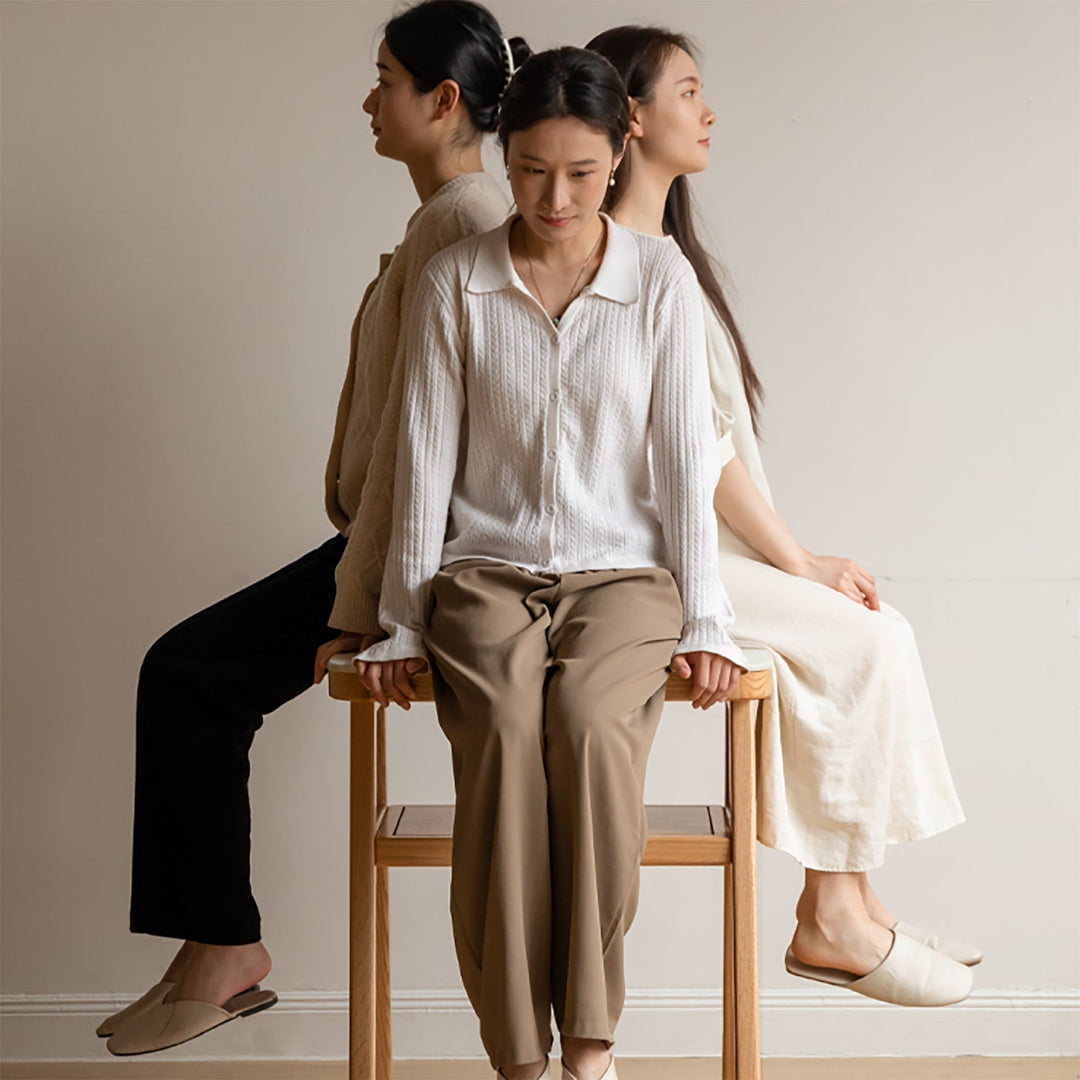 Scandinavian oak wood sintered stone stackable dining table set noki in close up details.