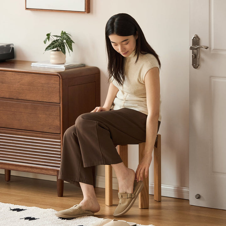 Scandinavian oak wood stackable stool with wheels friday material variants.