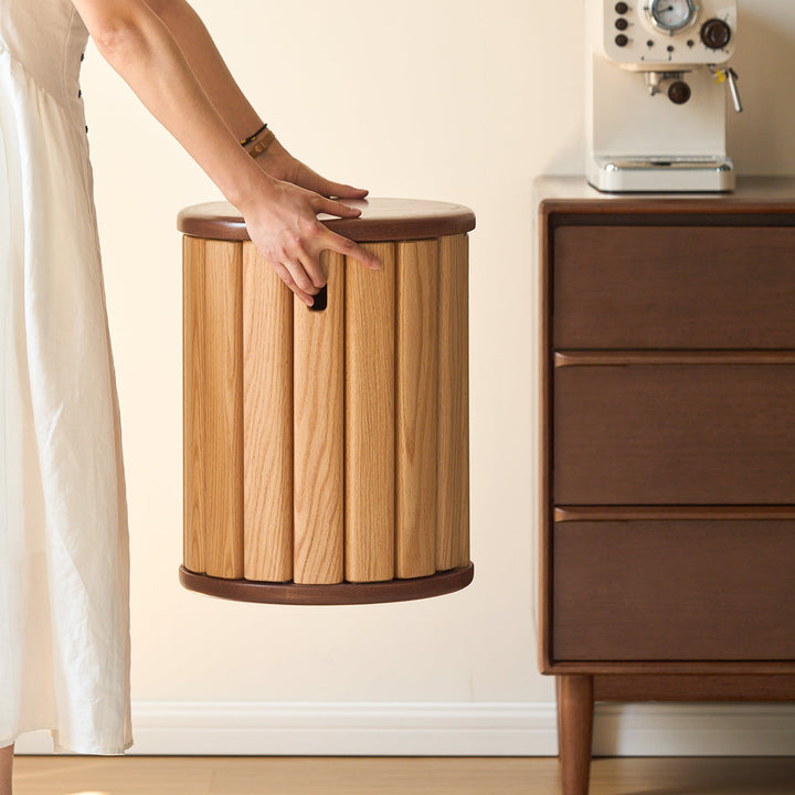 Scandinavian oak wood stackable stool with wheels friday in details.