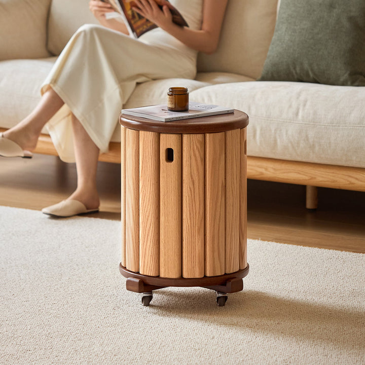 Scandinavian oak wood stackable stool with wheels friday in close up details.