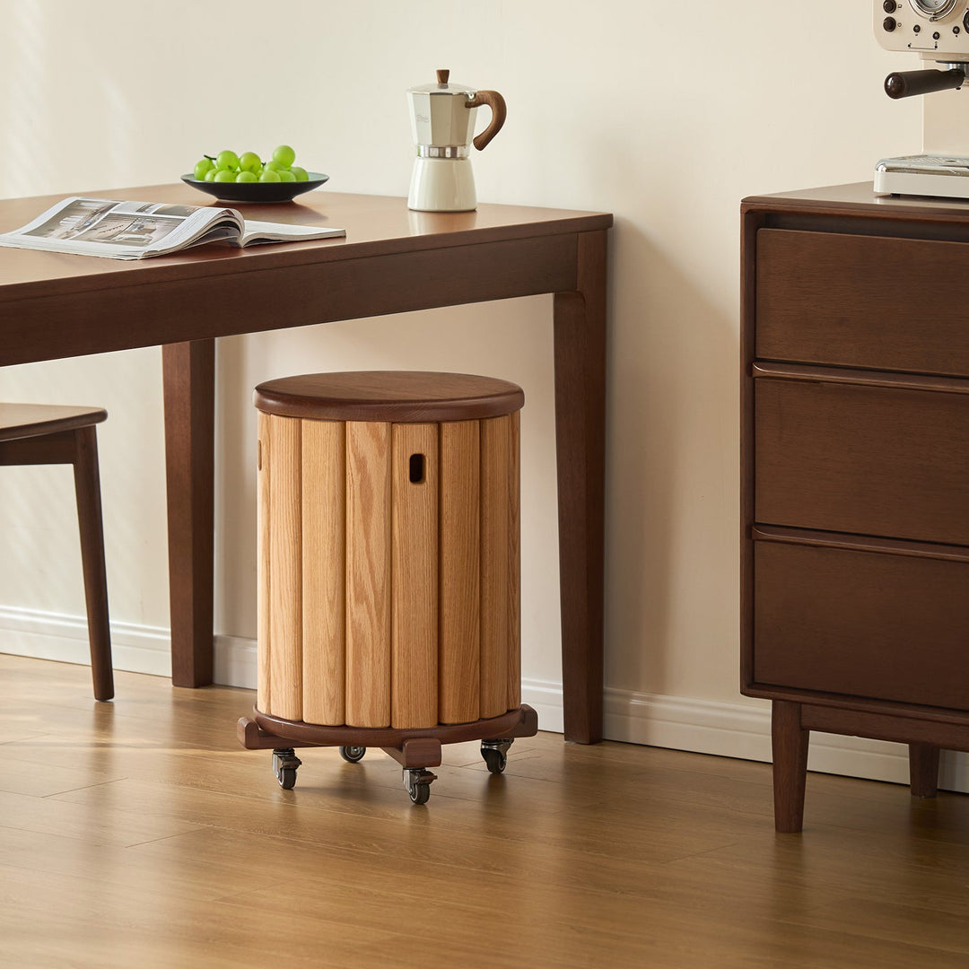 Scandinavian oak wood stackable stool with wheels friday in panoramic view.