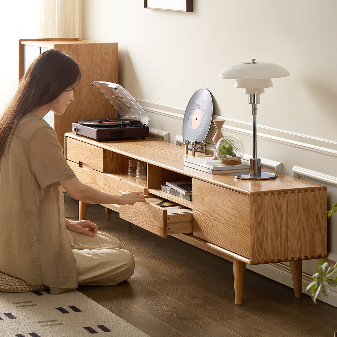 Scandinavian oak wood tv console berry color swatches.