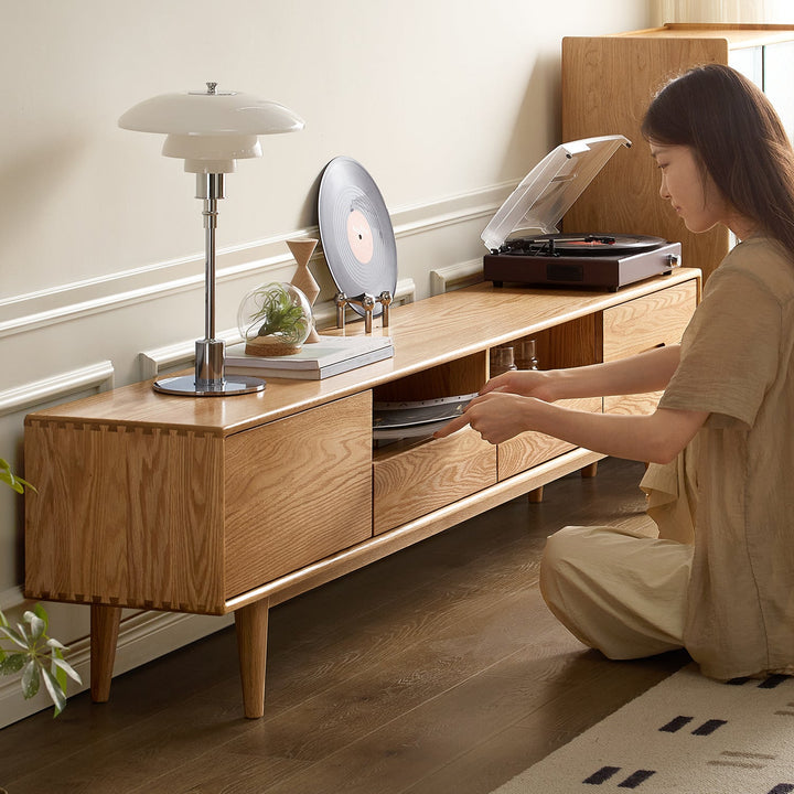 Scandinavian oak wood tv console berry material variants.