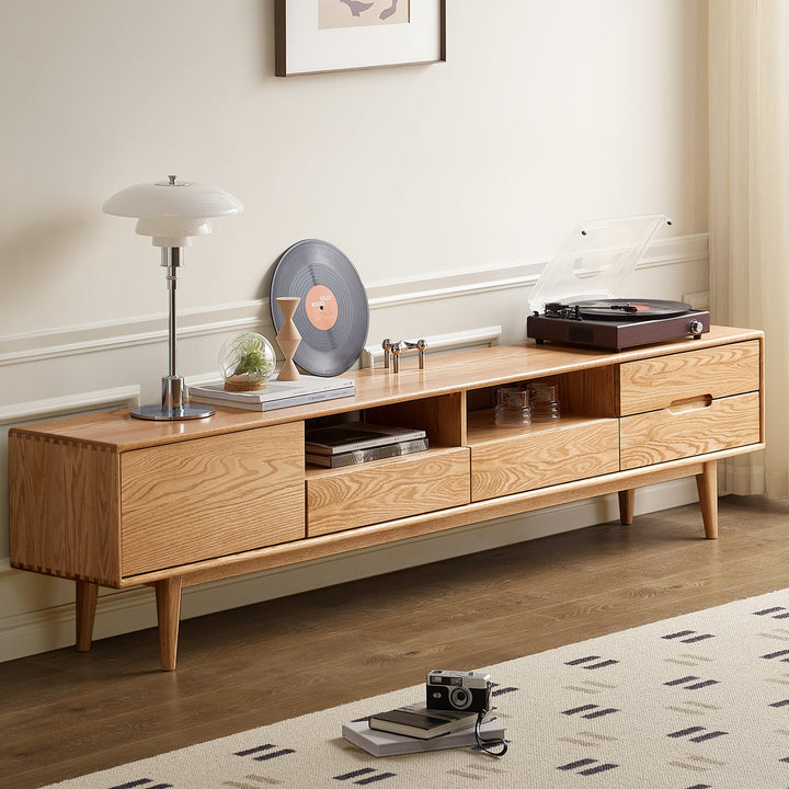 Scandinavian oak wood tv console berry in real life style.