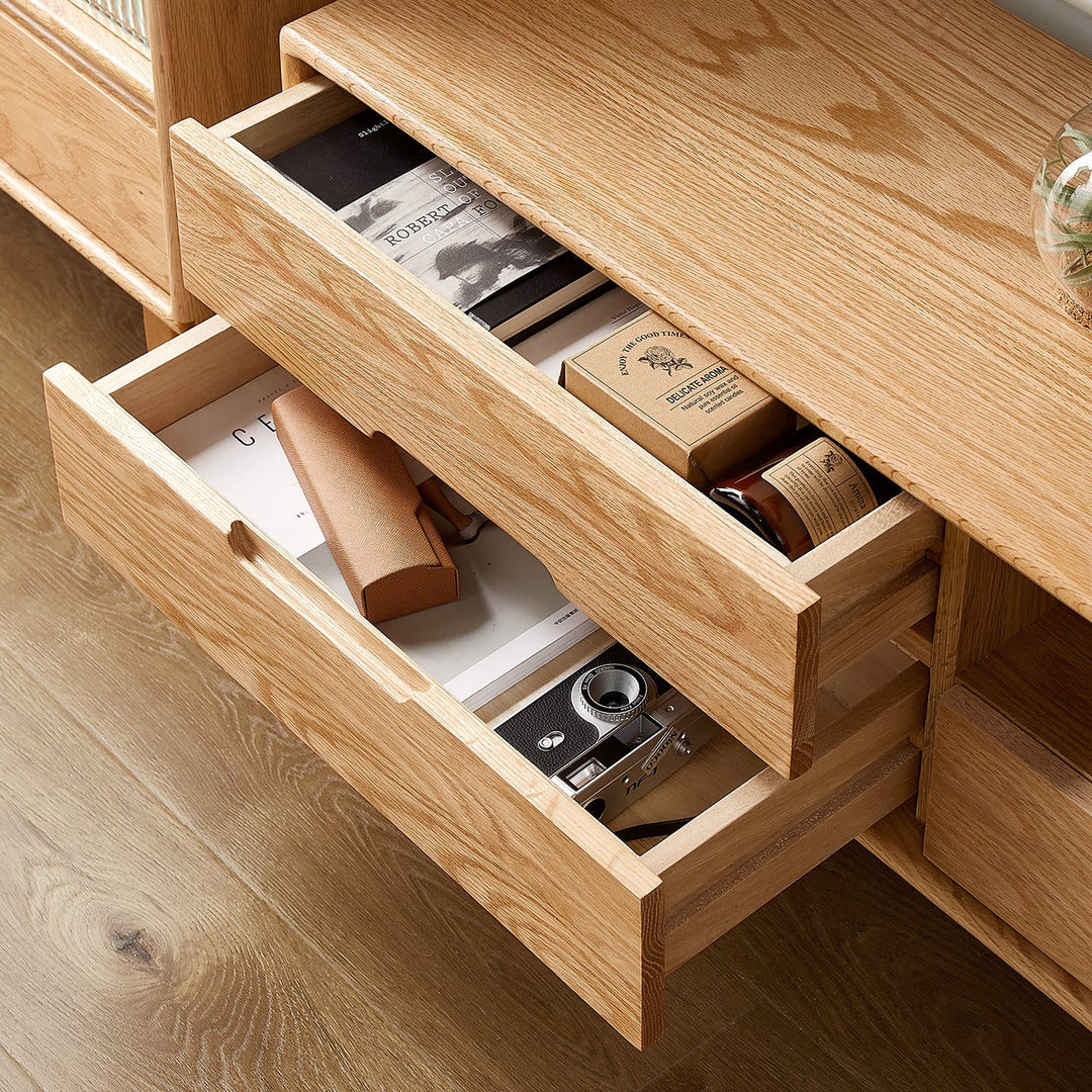 Scandinavian oak wood tv console berry with context.