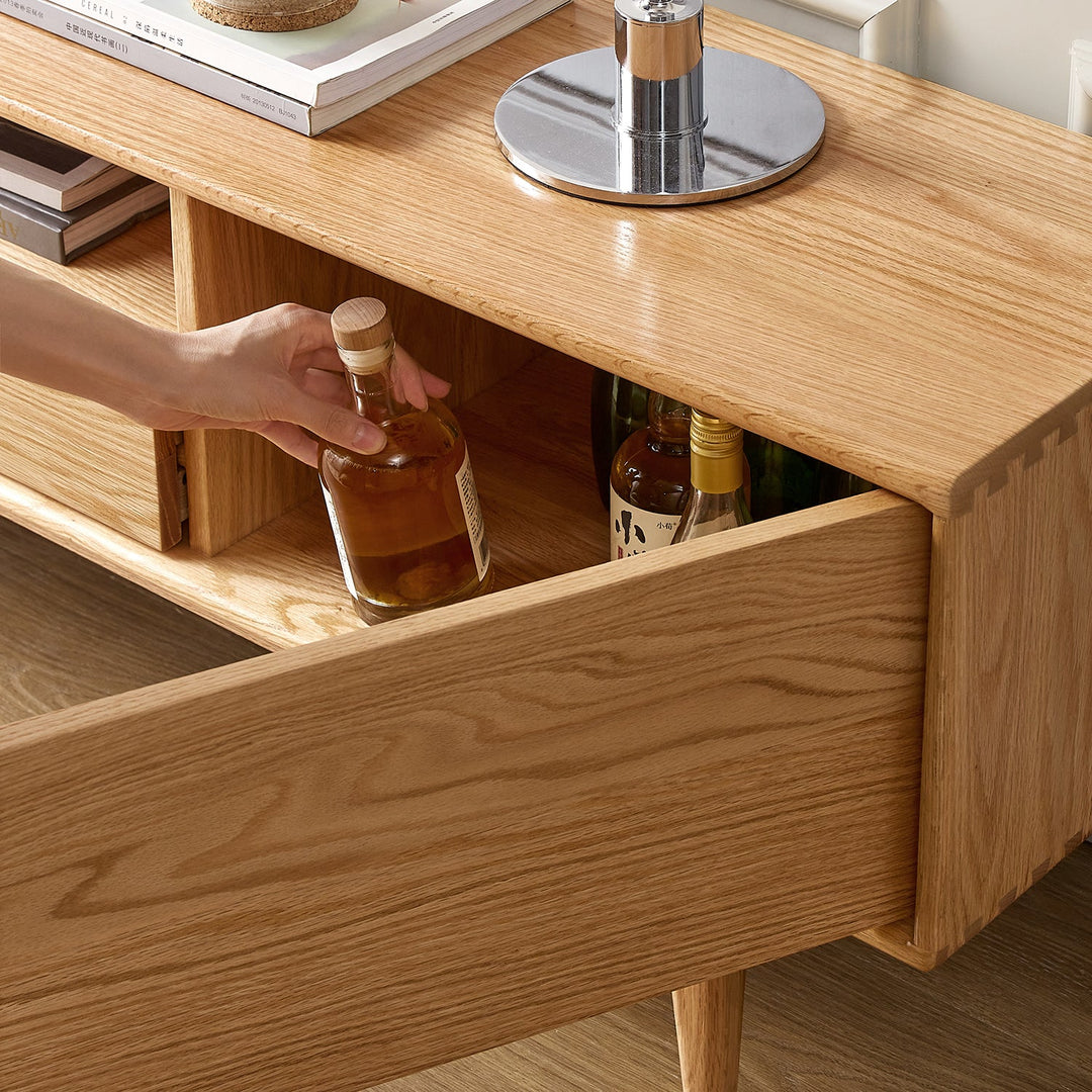 Scandinavian oak wood tv console berry in close up details.
