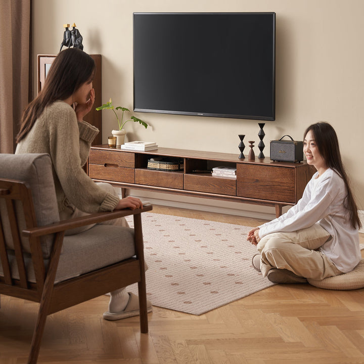 Scandinavian oak wood tv console berry walnut color swatches.