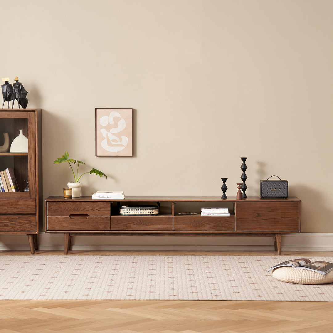 Scandinavian oak wood tv console berry walnut with context.