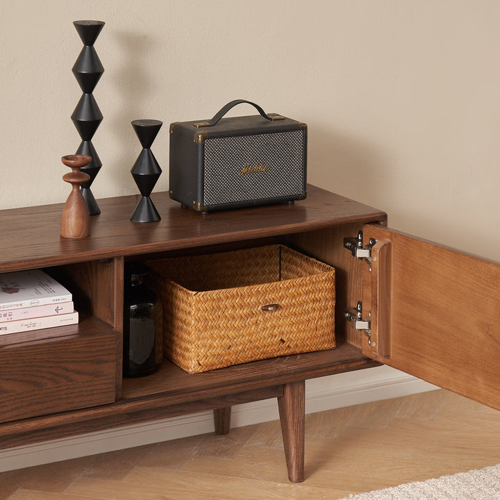 Scandinavian oak wood tv console berry walnut in details.