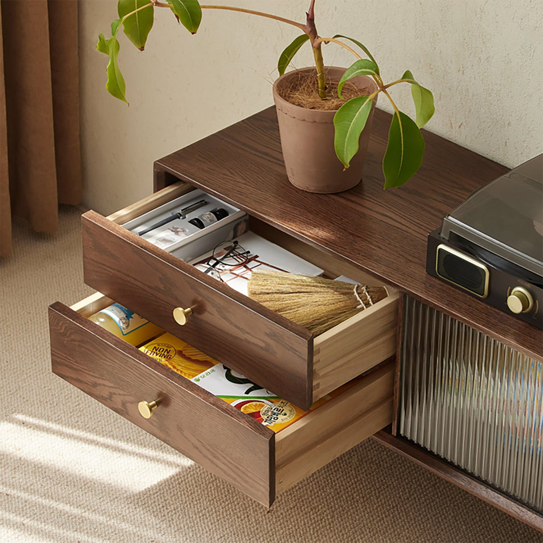 Scandinavian oak wood tv console danya walnut in panoramic view.