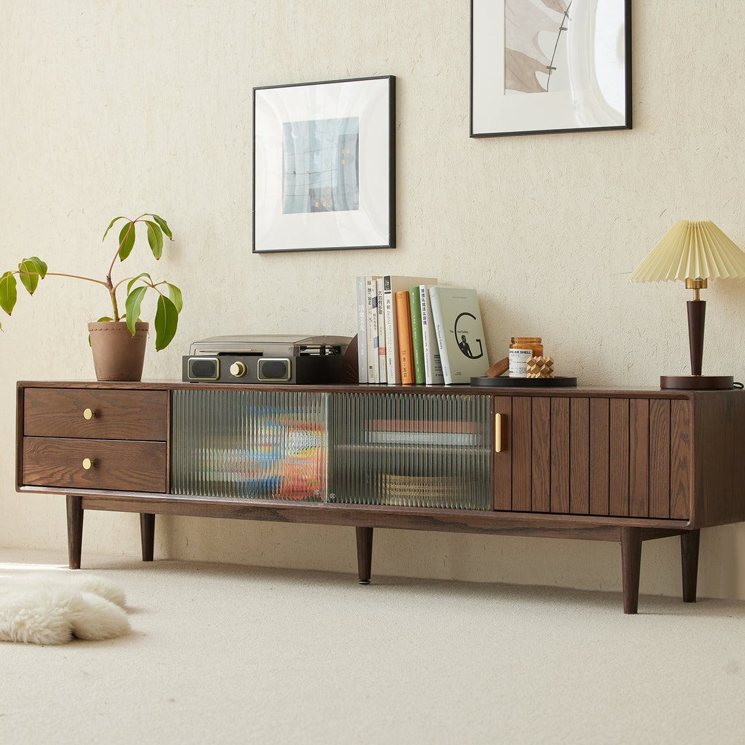 Scandinavian oak wood tv console danya walnut color swatches.