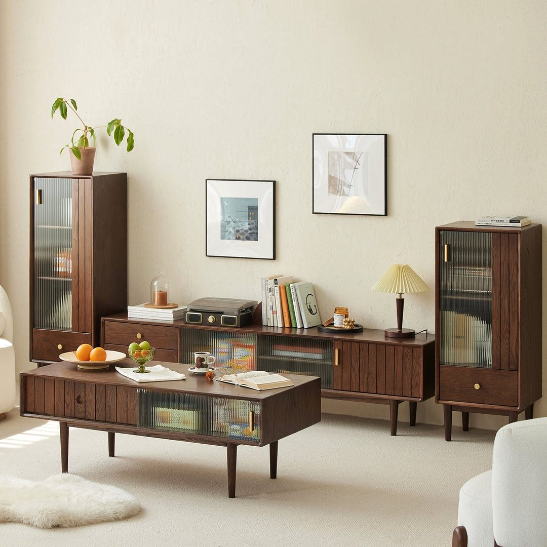 Scandinavian oak wood tv console danya walnut in real life style.